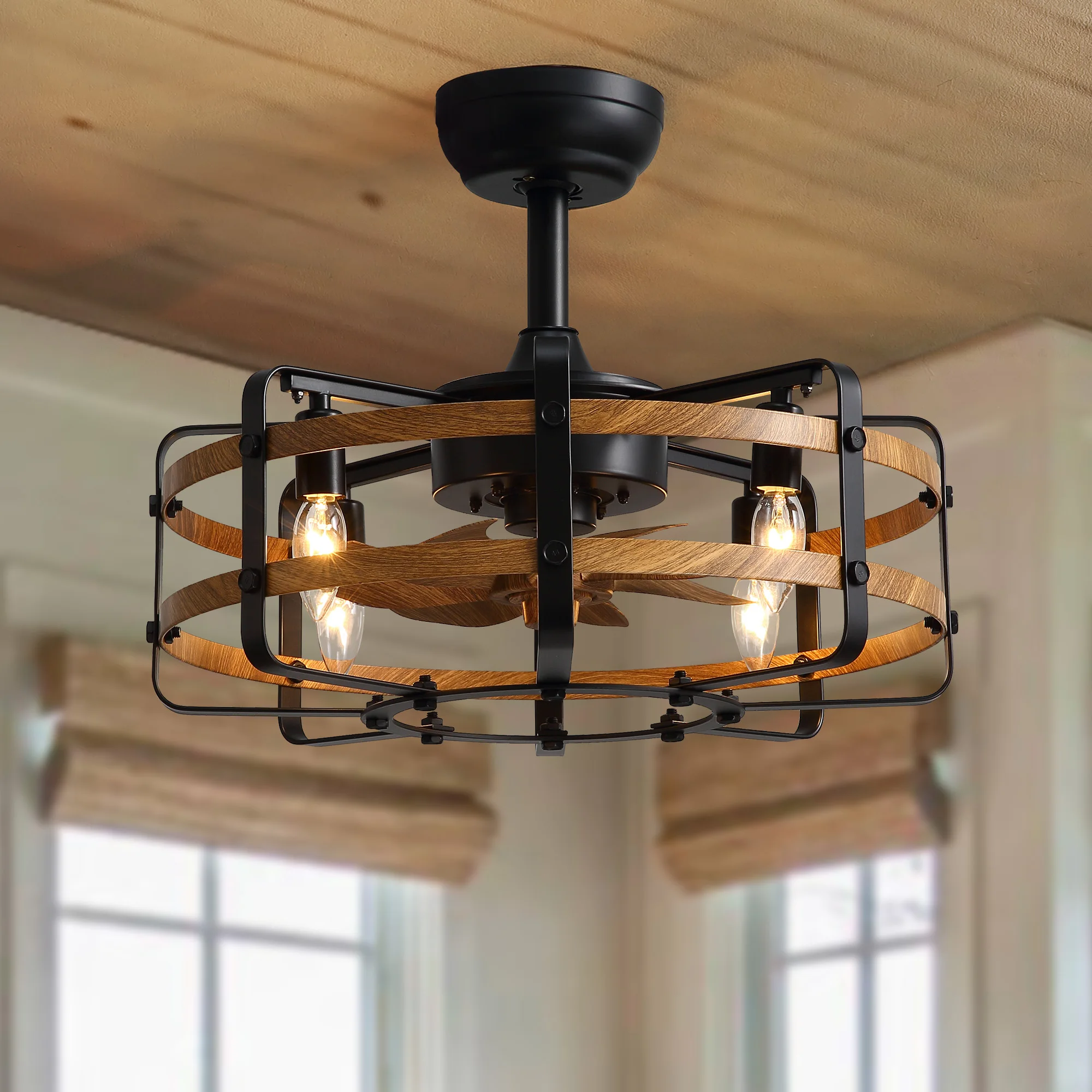 

Timed Fence Wood Grain Ceiling Fan Light with Remote Control 6 Speeds for All Seasons Suitable for Indoor Use Forward and revers