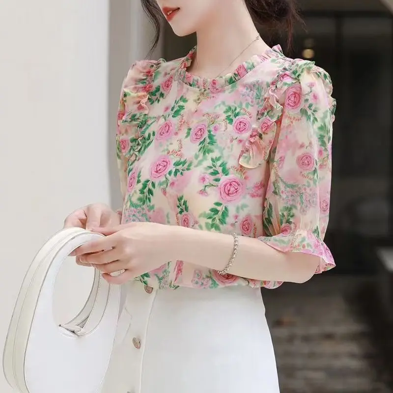 Franse stijl chiffon blouse met korte mouwen dames zomer zoete ruches print bubble trendy shirt