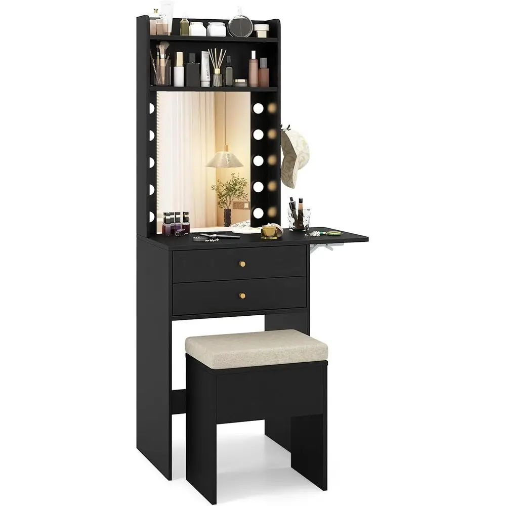 

Compact Makeup Vanity with Mirror & Lights, Adjustable Dining Table, Padded Stool, Desk for Dorms and Bedrooms, Ideal for Teens