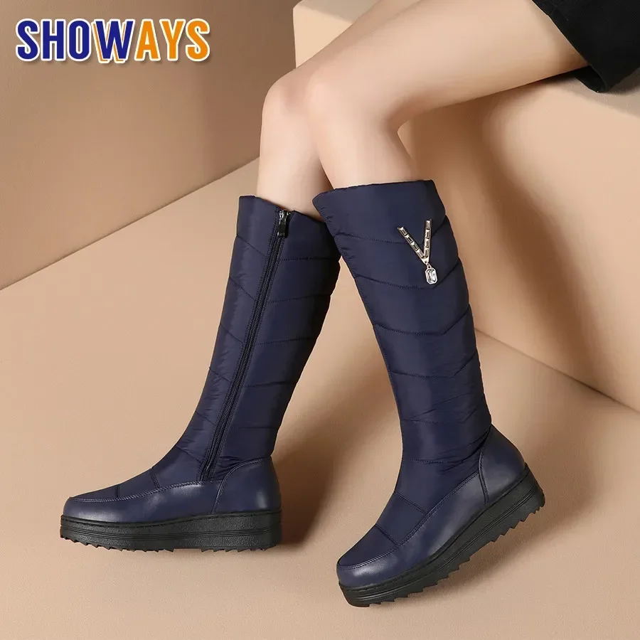 2024 Winter Women Knee-high Snow Boots Waterproof Blue Down Anti-slip Wedge Platform Flat Heels Crystal Ladies Zipper Long Boots