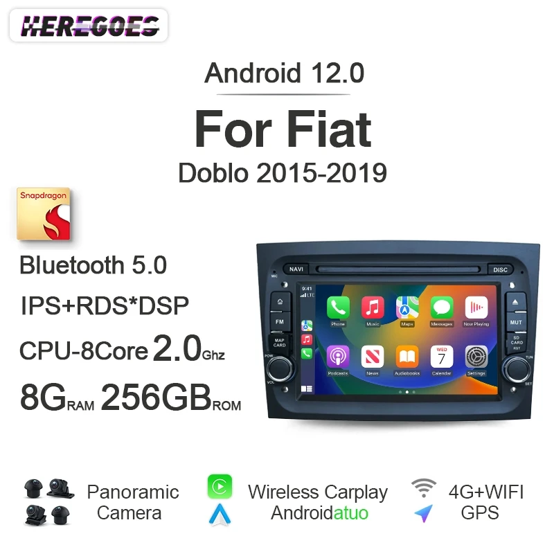 Carplay 8+256GB Auto Android 12 Car Radio GPS Player Navigation Stereo 4G Wifi Bluetooth RDS autoradio For Fiat Doblo 2015-2019