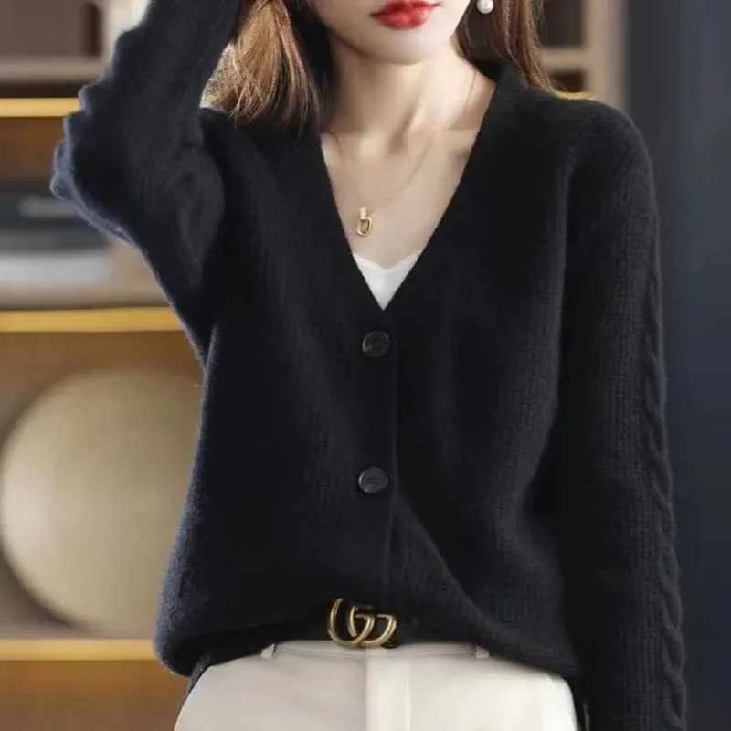 NewFall Fashion V Neck Women Knitted Sweater Cardigan Long Sleeve Soft Slim Sweater Outwear Femlae Solid Casual Knitted Sweater