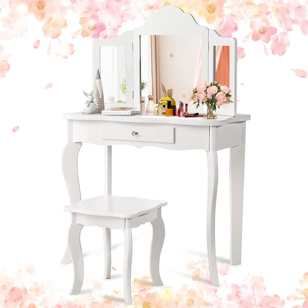 

Wooden Vanity Table & Stool Set with Dual 180° Folding Mirror Bedroom Dressing Furniture White, Customized