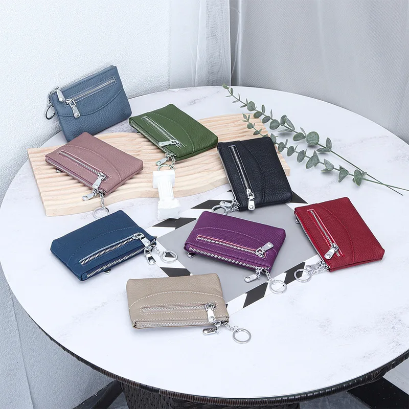 Genuine leather coin purse for women, slim and simple, multi-zipper coin storage pouch, cowhide key and card holder