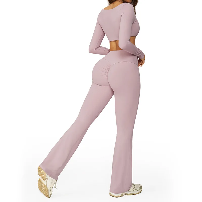 

Autumn shockproof nude yoga wear set, quick-drying tight fitness wear, casual sportswear set, women's long-sleeved flared pants,