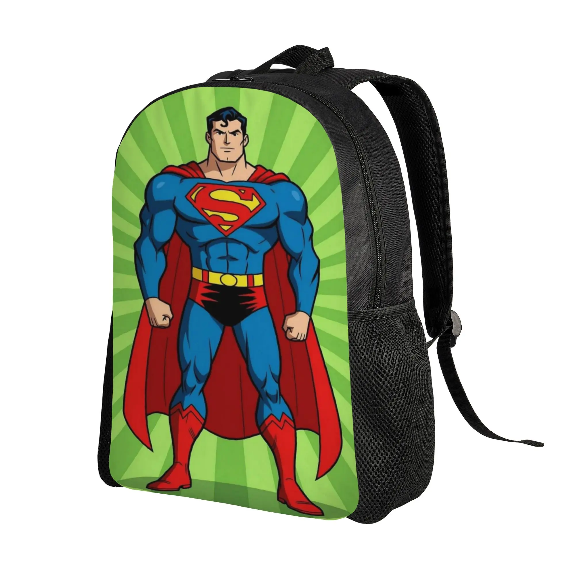 Back to school season Green Burst Retro Standing Superman Art Rucksack  High School Students Adjustable Strap Backpack