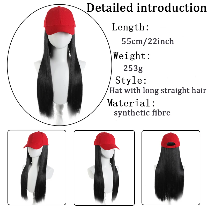 Red duckbill cap long straight synthetic wig fashionable and comfortabl multifunctional and adjustable suitable for all women