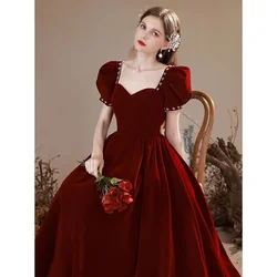 2024 Bridal Wedding Engagement Burgundy Bubble Sleeves Gentle and Skinny Princess Dress Velvet Toast Dress