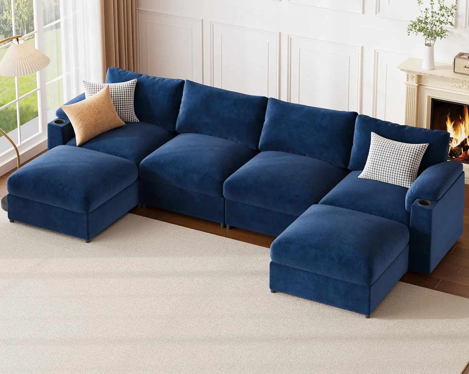 Oversized Modular U Shaped Sectional Sofa, FSC Chenille, Removable Chaise, Living Room, 6 Seat, Blue, Customized