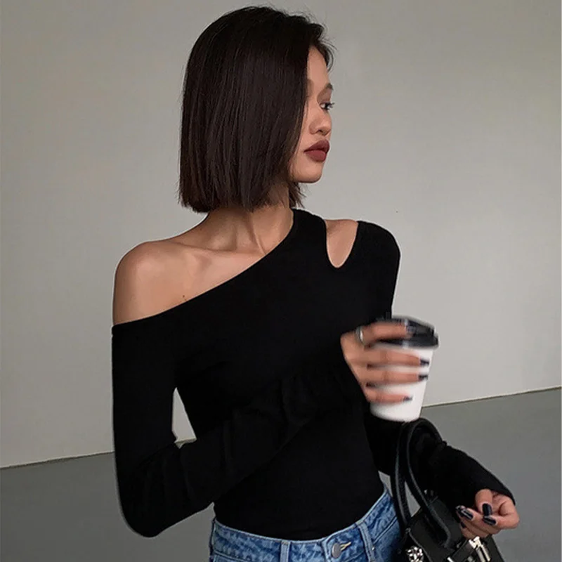 Fashion Skew Collar Off-shoulder Long-sleeved T-shirts Women Spring 2024 New Solid Slim Fit Crop Top Sexy Hollow Out Tees Shirts image 3