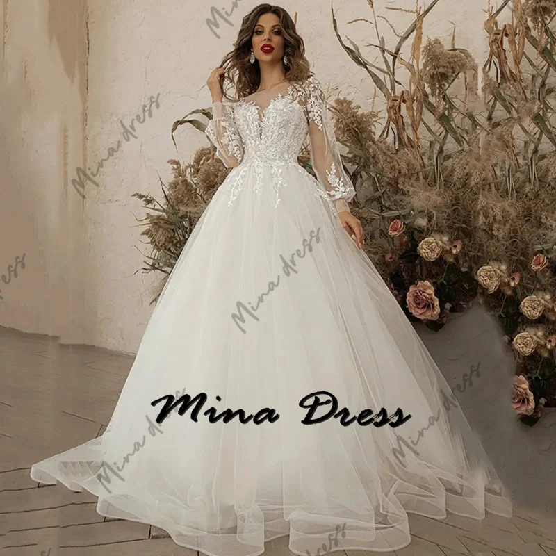 

Mina Customized Ivory Wedding Dress Long Sleeves Appliquéd Lace-up Crew Neck A-line Tulle Royal Engagement Dress Es Ball Gowns