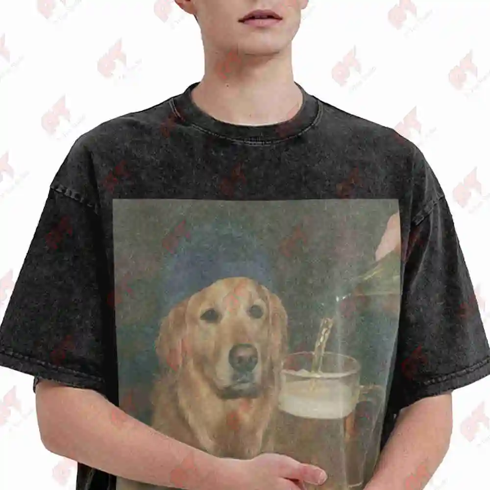 Golden Retriever Drinking Beer Dog Meme Vintage Washed Tee Pure Cotton T-Shirt