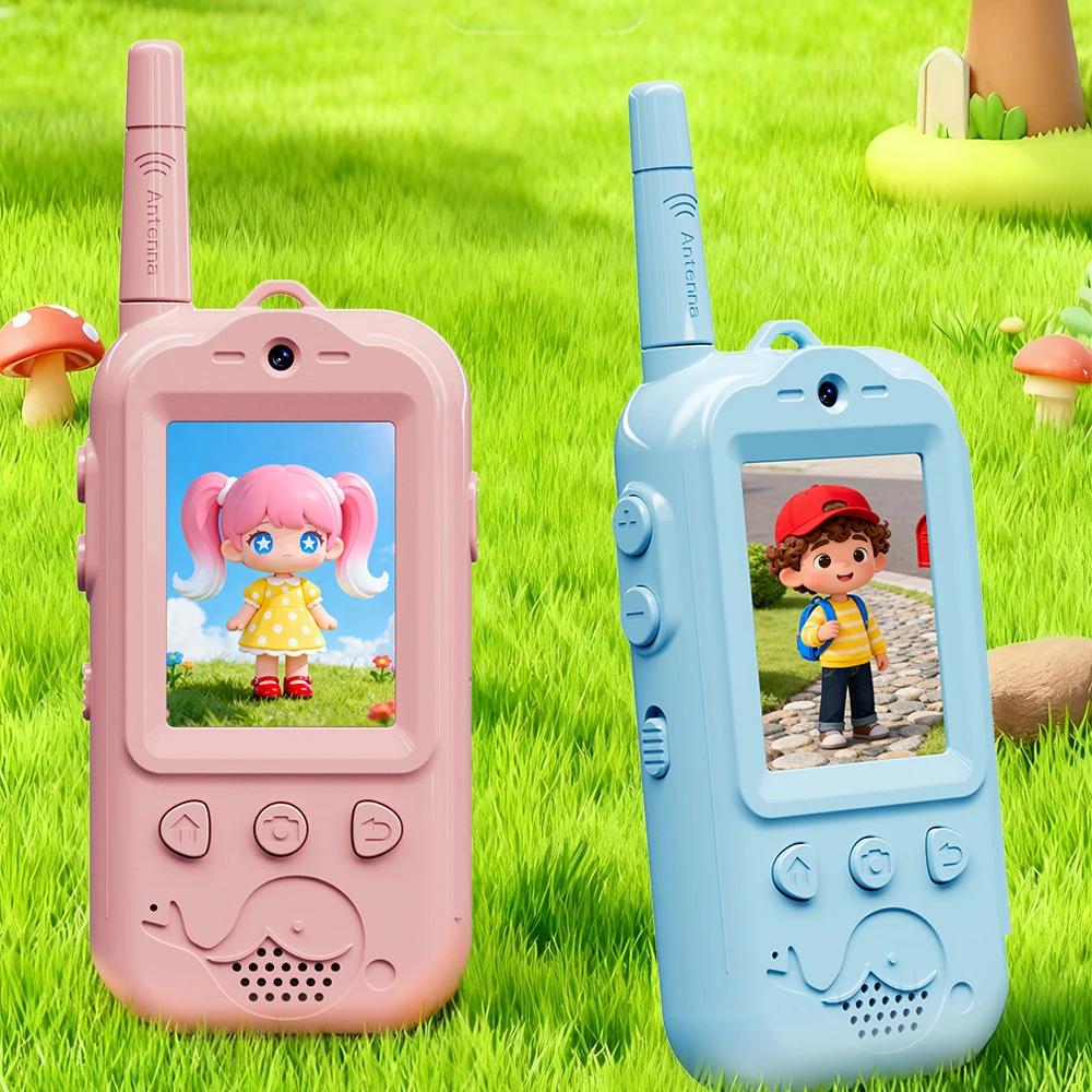 2PCS Video Call Walkie Talkies 2-Inch Screen Rechargeable Intercom Walkie-Talkie Cartoon One-Click Intercoms Gift For Boys Girls