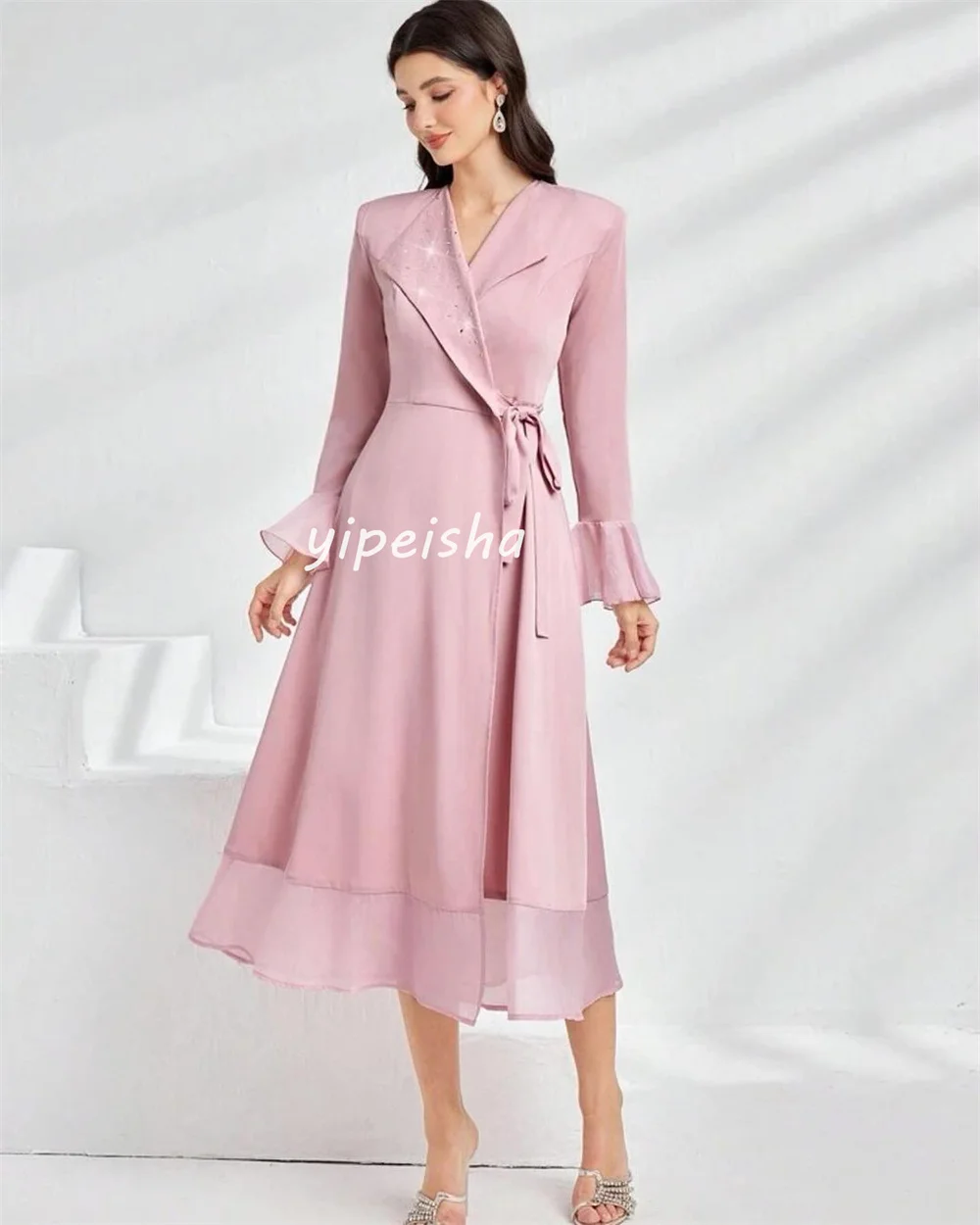 Customized Exquisite Chiffon A-line V-neck Midi Dresses Homecoming Dresses Modern Style Pastrol Unisex Chinese Style Formal Casu