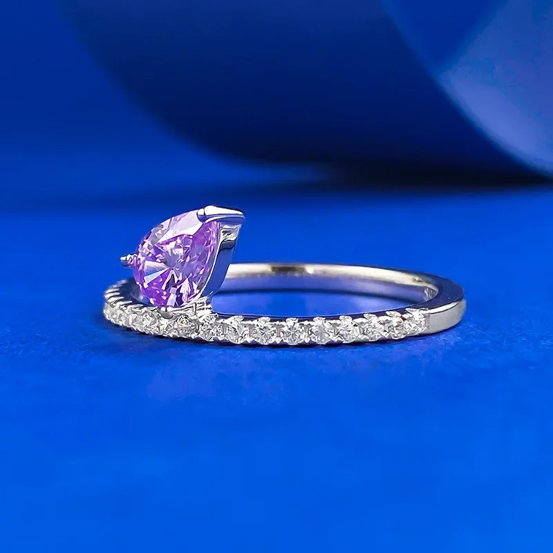 New S925 Silver Light Luxury Style Minimally Romantic Purple Water Drop Ring 4 * 6mm Pear Shaped Purple Diamond Ring