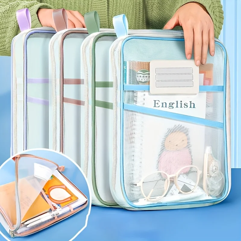 Map File A4 Warna Pastel! 4 buah Organizer Jaring Beritsleting - Penyimpanan 3 Lapis untuk Sekolah/Kantor. Transparan & Portabel