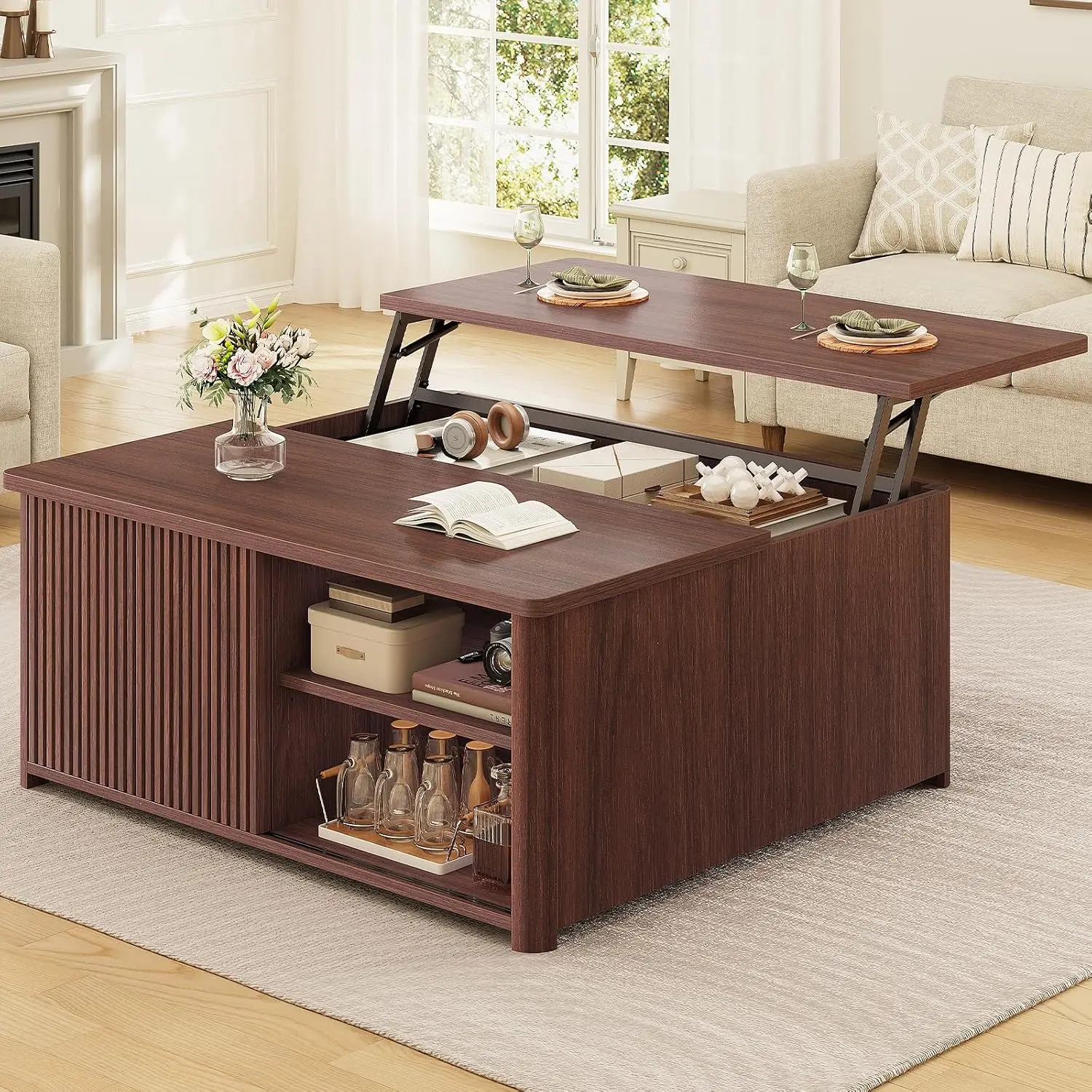 Lift Top Coffee Table, Square Storage & Adjustable Shelves, 31.5
