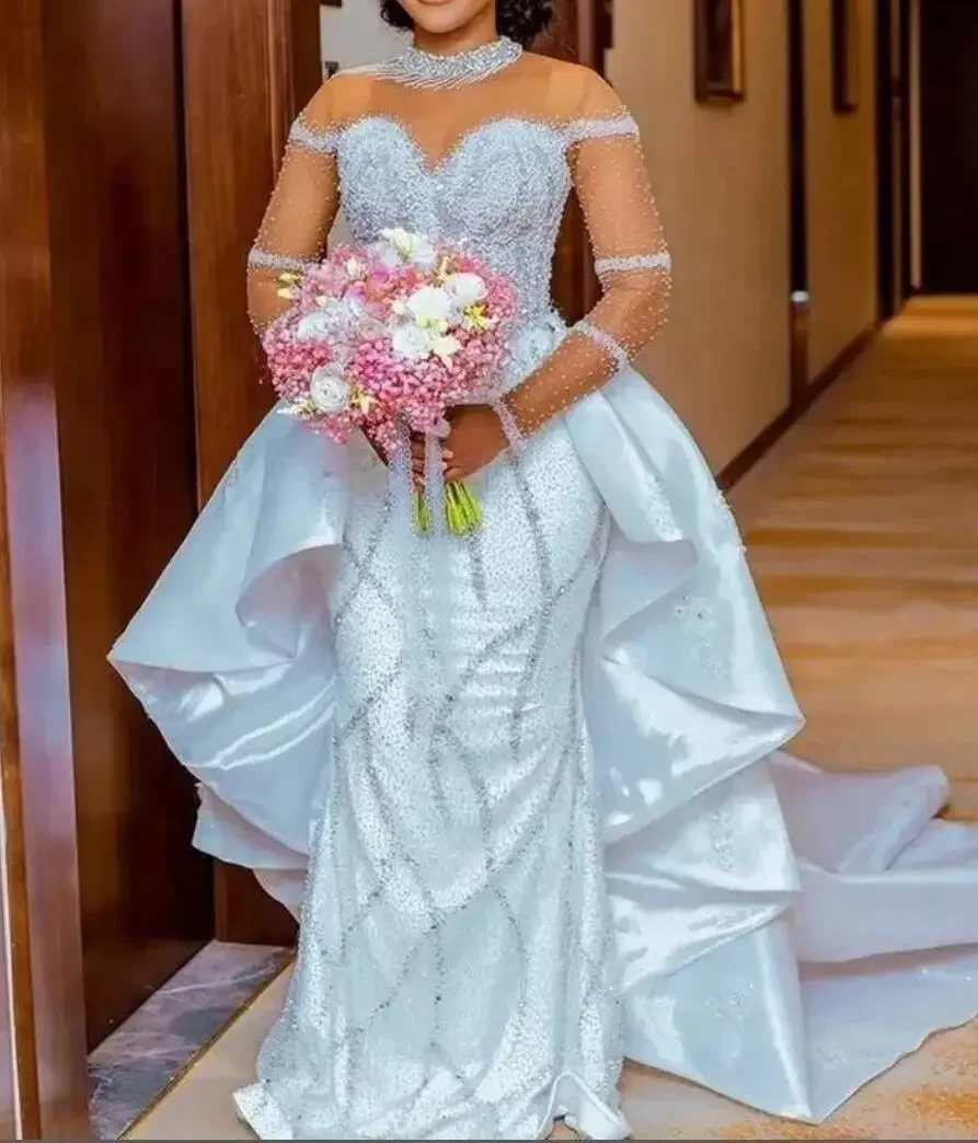 Vestido de novia personalizado con cuentas de perlas pesadas brillantes y cuello alto para novia, vestido de novia de manga larga de sirena, tren extraíble