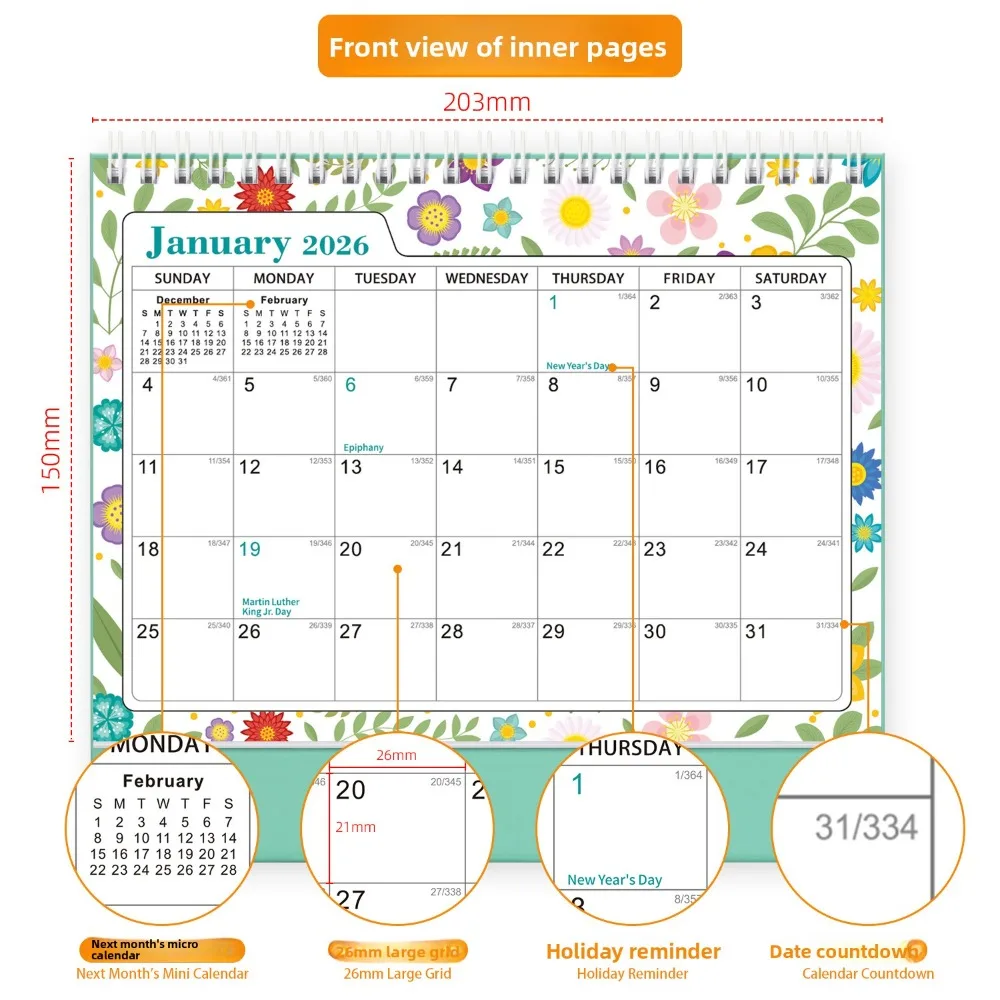 2026 الإنجليزية الإبداعية بسيطة أجندة مكتبية /رزنامة مكتبية 18 شهرًا 365 يومًا العد التنازلي التخطيط الشهري وتدوين الملاحظات التقويم #3