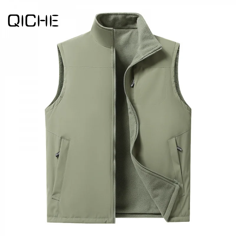 QICHE Men Reversible Stand Collar Vest Autumn Winter Fleece Lined Wind‑Proof Warm Sleeveless Outer Waistcoat