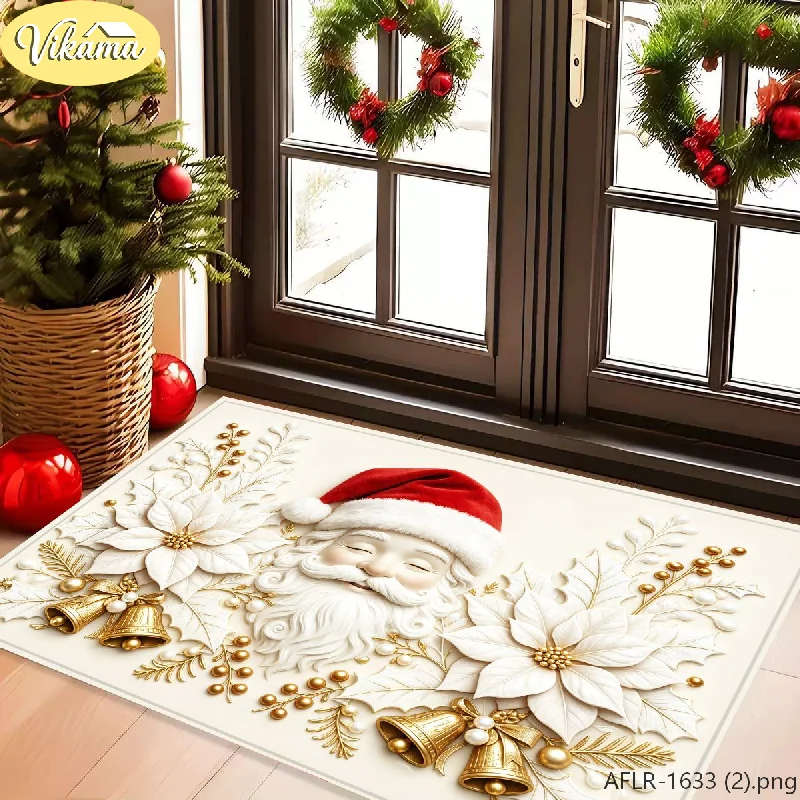 Christmas Santa Gift Flannel Door Mat, Non-Slip Xmas Floor Carpet, Christmas Decor for Home Entryway Front Door Office