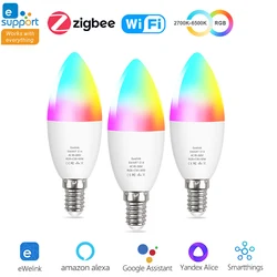 EWelink E14 스마트 지그비 와이파이 LED 전구, RGB CW LED 캔들 램프, 알렉사 구글 홈 앨리스 스마트싱스 샹들리에, E14 전구