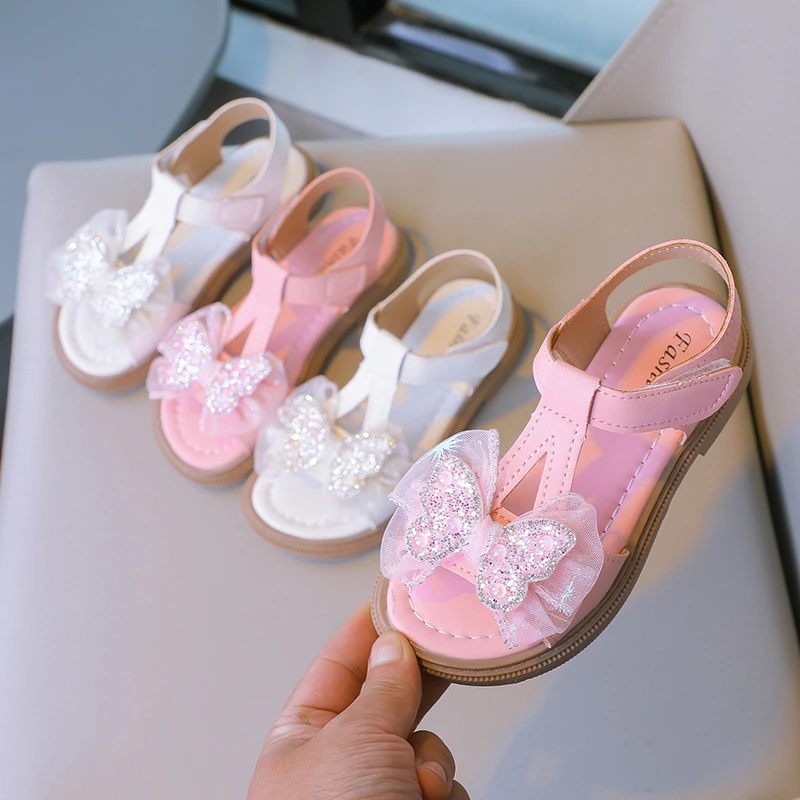 Girls Leather Sandals with Butterfly Kids Sweet Princess Shoes Soft Fashion Children Summer Beach Shoes Casual Non-slip 2023 New