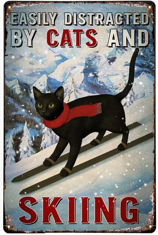 Vintage Metal Sign Ski Cat Sign Never Underestimate Old Woman With Cats And Skiing Skills Wall Decor Ski Equipment  Ski Poster