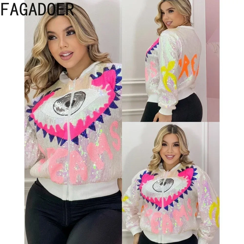 FAGADOER moda paillettes lettera stampa cappotti donna girocollo manica lunga cerniera Slim top Casual femminile Party Club abbigliamento