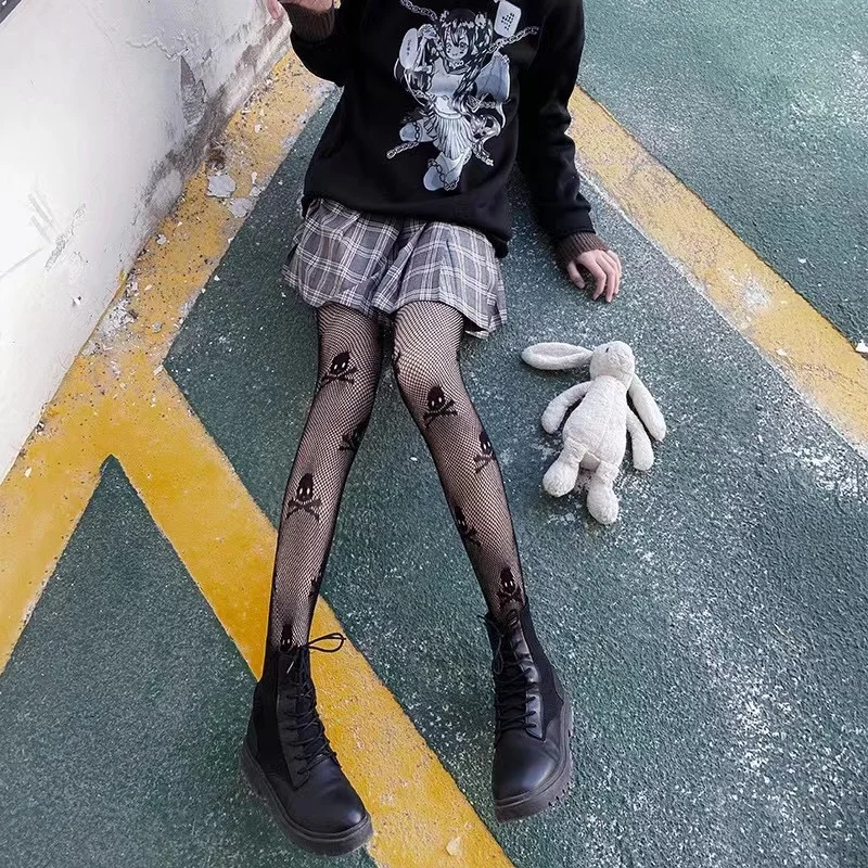 Fishnet Gothic Punk Stil Mesh Schädel Druck süße Strumpfhosen Piraten Halloween Kostüm Sexy Strumpfhosen JK Party Club Kawaii Strumpf – Detail 4
