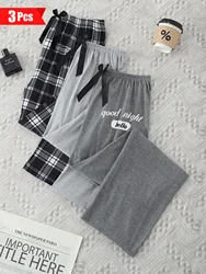 3 PCS elastic waist dark grey pajama pants Light grey pajama pants plaid pajama pants for women set is skin-friendly  and comfor