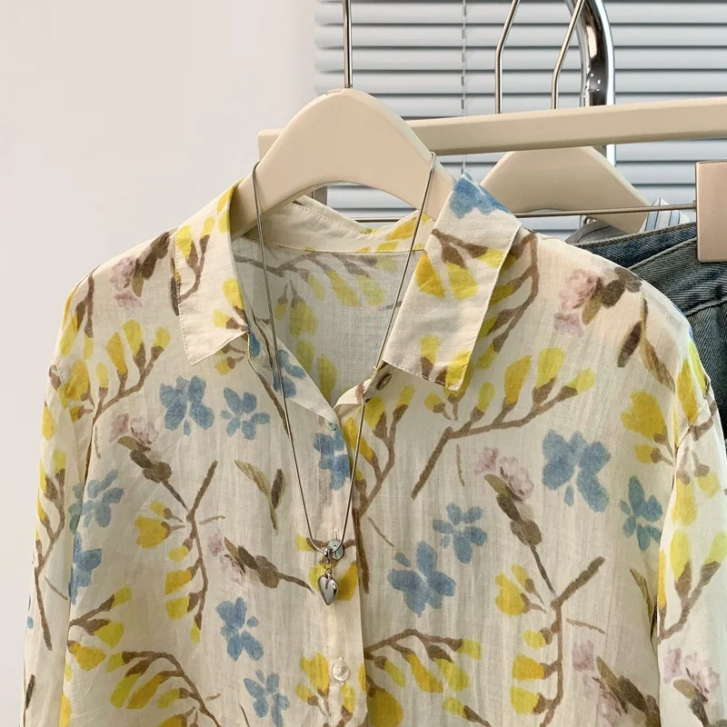 خريف ربيع جديد Sle خفيف الوزن طويل Sve مطبوعة irt ساحة طوق سترة فضفاضة للتنقل أوراق صفراء مجانية