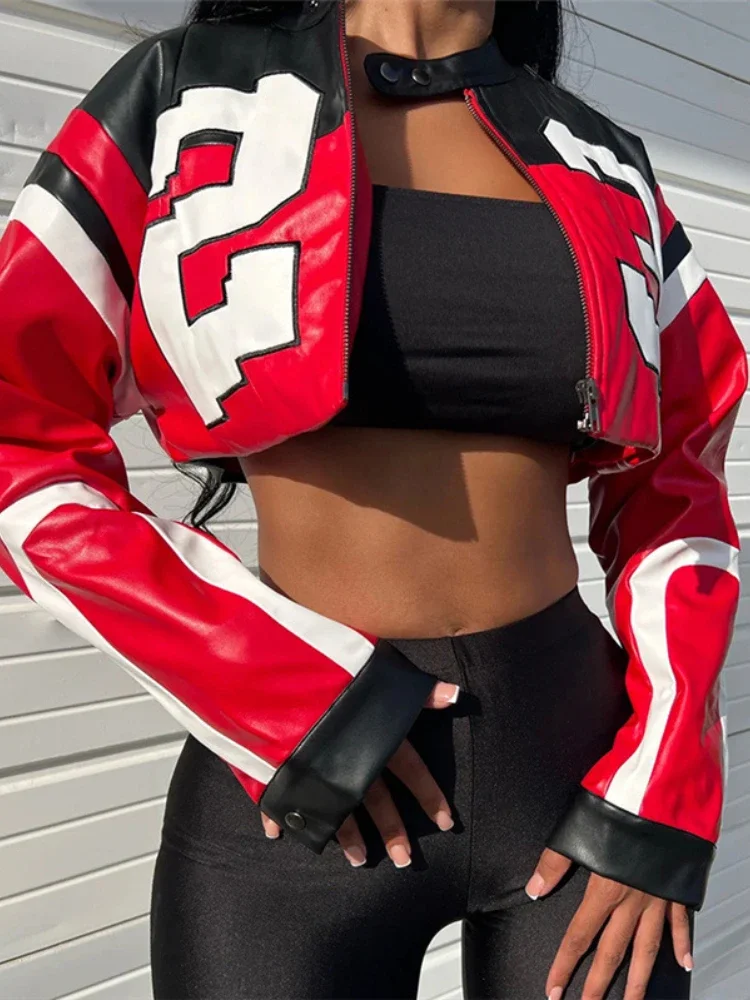 

XIZOU Faux Leather Varsity Jacket Women Hipster Letter Print Autumn Casual Sporty Wild Streetwear Uniform Trend Crop Coat