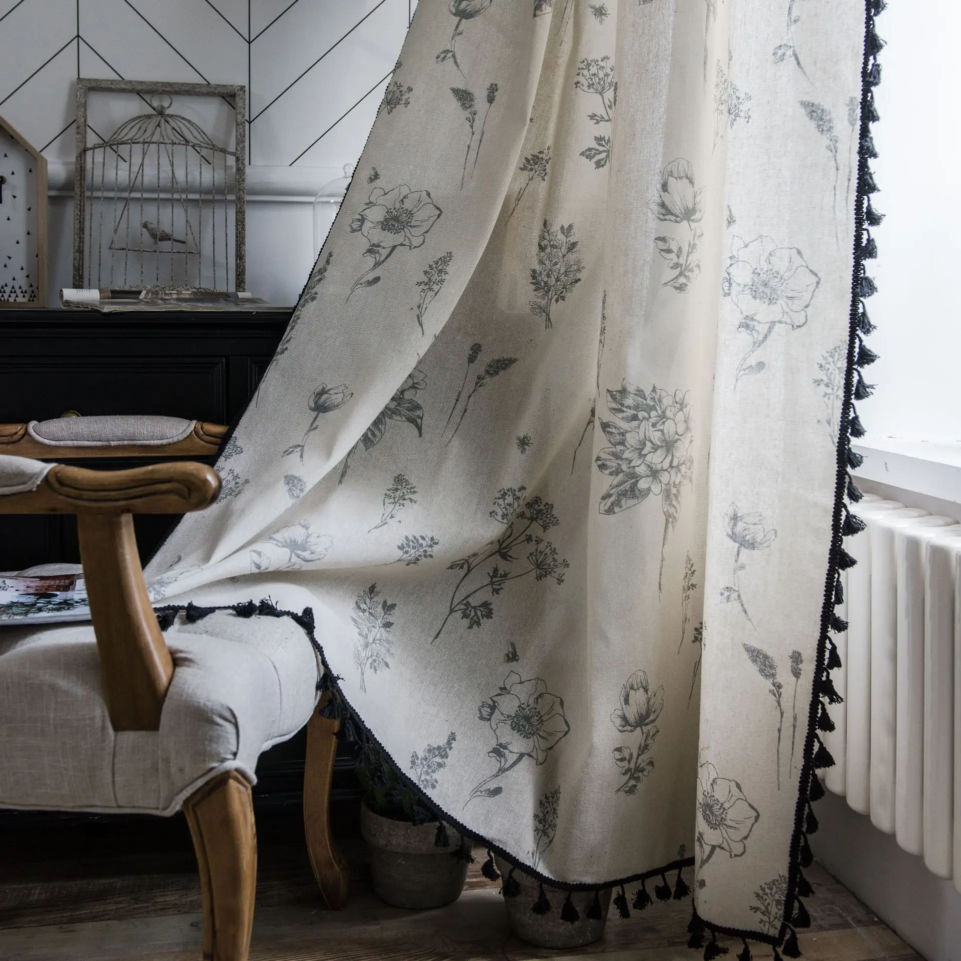 

Rural Pastoral Style Curtain with Tassels, Cotton Linen, Flower Bee, Black and Beige, Bedroom and Living Room