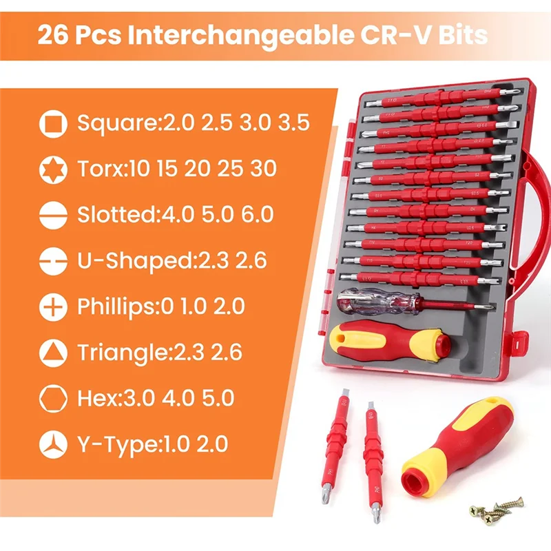 26-Piece 1000V Insulated Electrician Screwdriver Set Professional Electrical Screw Driver Set Tools for Man with Case