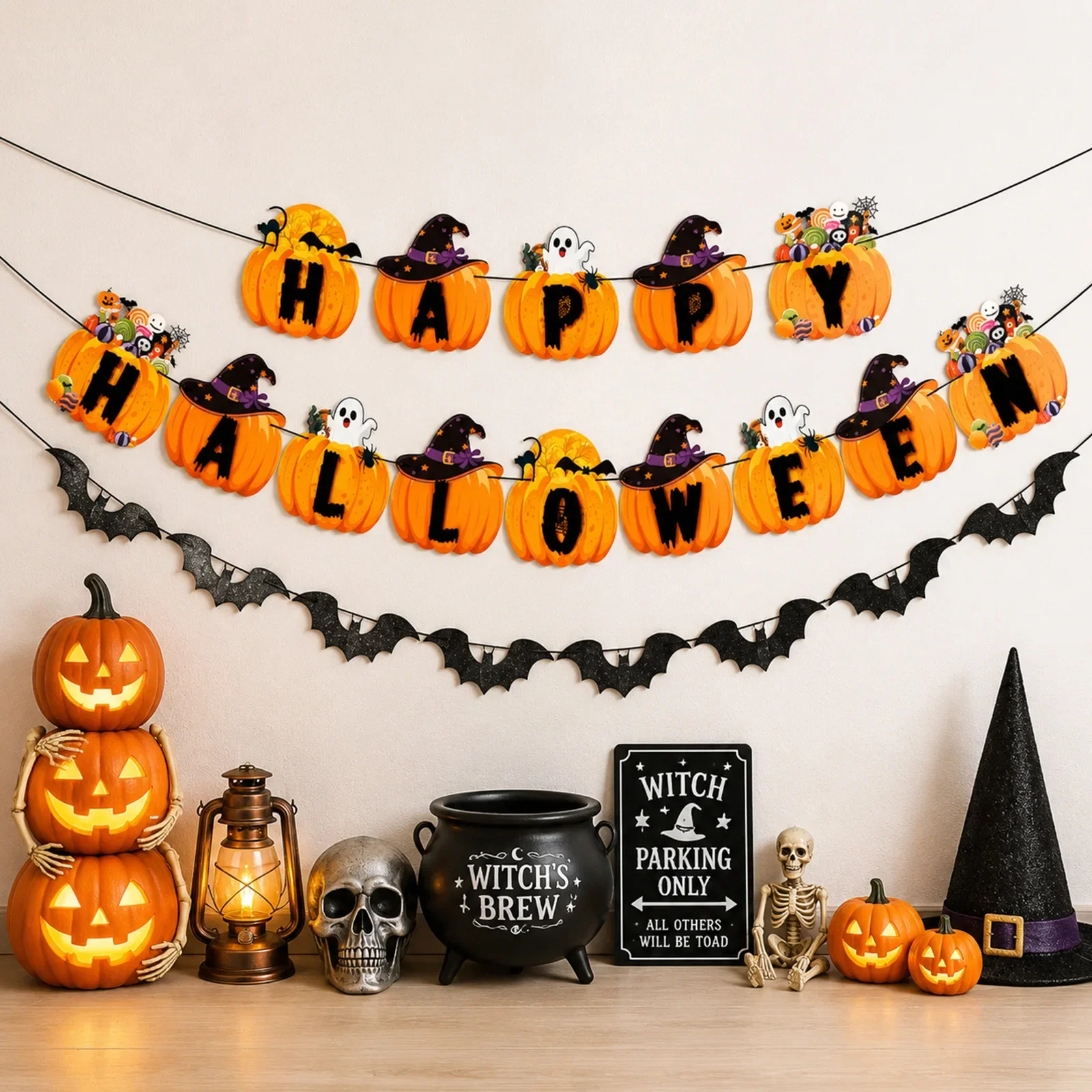 3PCS Halloween Hanging Banner Set, Pumpkin HAPPY HALLOWEEN Garland with Black Bat Bunting for Party Wall Decor