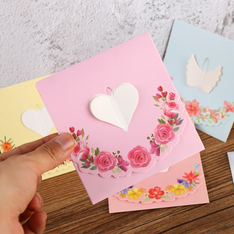 

5Pcs Wing Heart Folding Type Greeting Card Wedding Christmas Invitations Birthday Party Thank You Card Business Flower Shop Card