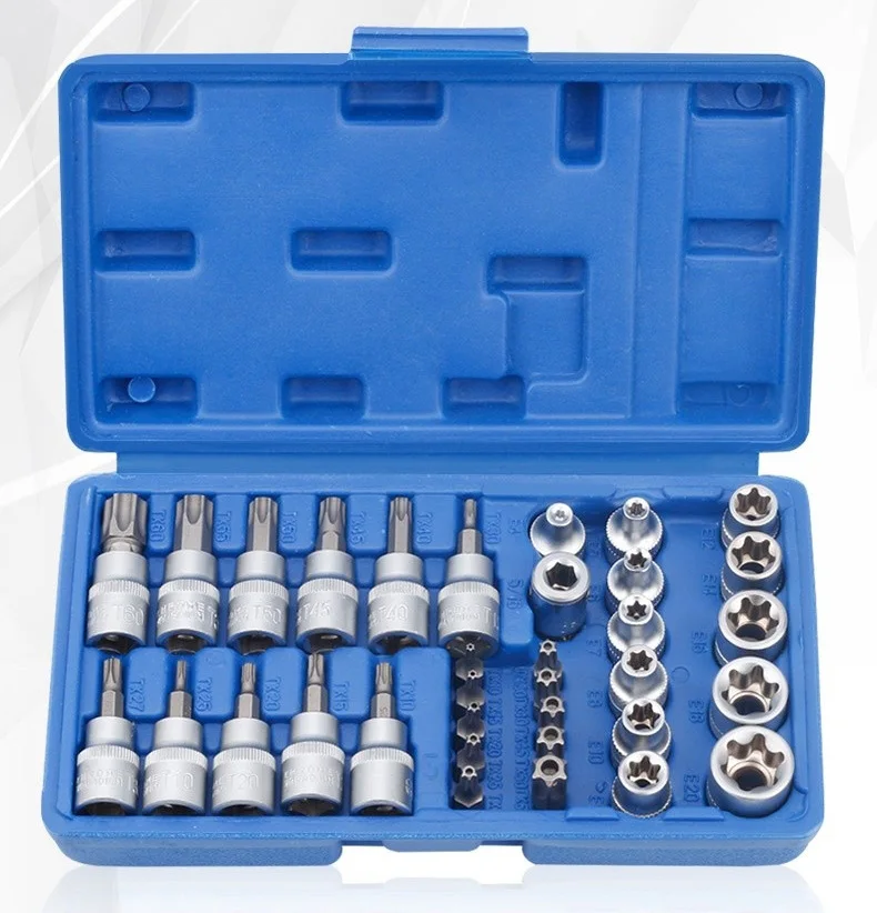 conjunto de soquete para reparo automotivo catraca torx torque chave inglesa ferramentas manuais macho e femea bits driv 34 pcs 01