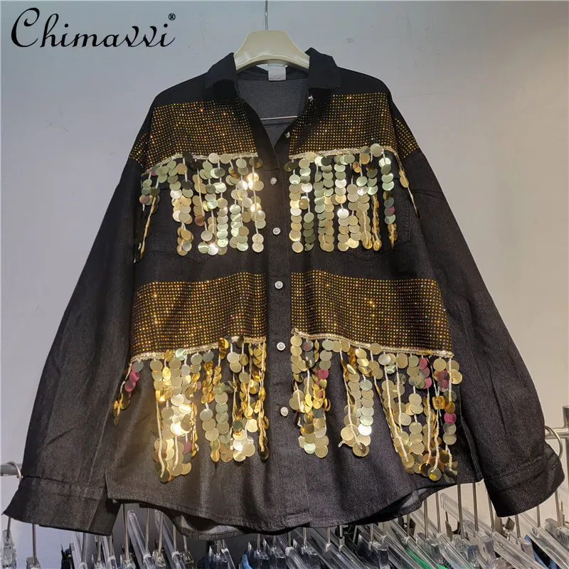 2025 Autumn New Heavy Hot Diamond Sequins Tassel Decorative Long Sleeve Jacket Wide Leg Pants Two-piece Set High Street Outfits