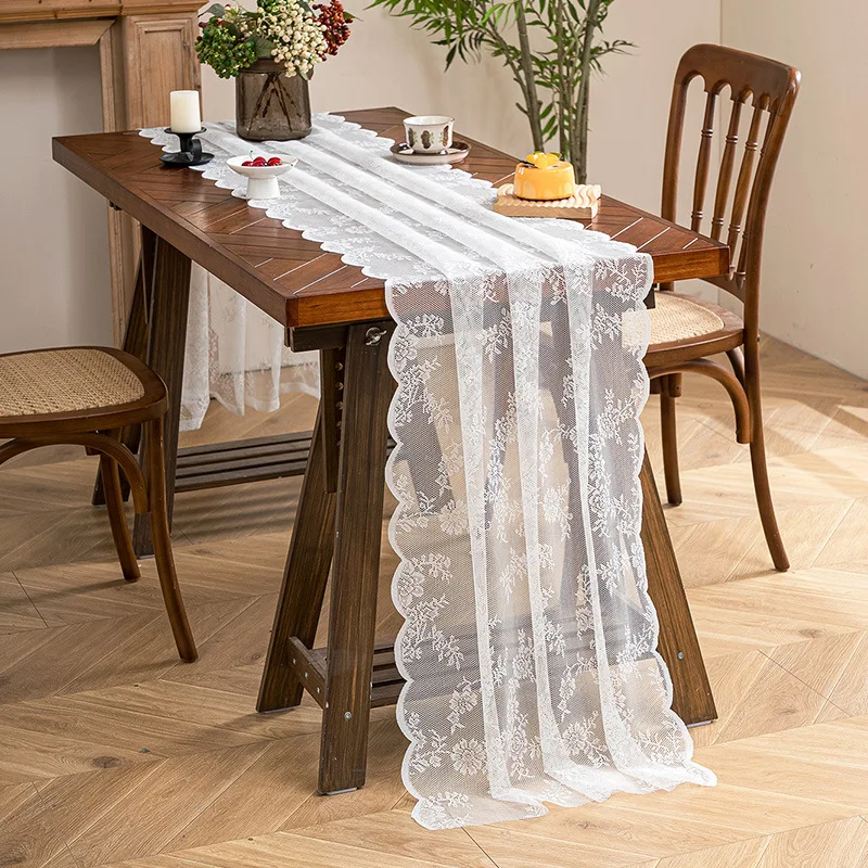 White floral lace table runner, vintage wavy hollow-out gauze, wedding table decoration, coffee table, American vintage style
