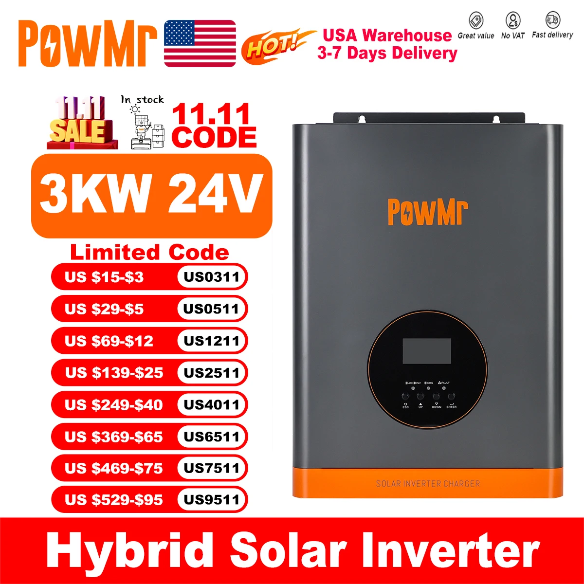 

Гибридные солнечные инверторы PowMr 3 кВт от 24 В постоянного тока до 110 В переменного тока, низкочастотный выход, более стабильный с панелью солнечного контроллера 60 А MPPT, 30–150 В постоянного тока
