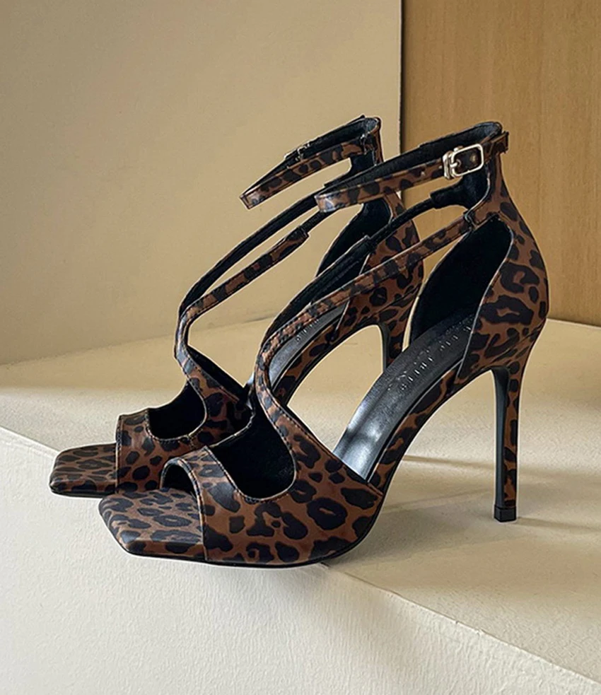 

AIYKAZYSDL 2025 Leopard Satin Sandals Strappy Ankle Strap Heel Party Dance Fetish Court Shoes Pumps Stiletto Women Streetwear