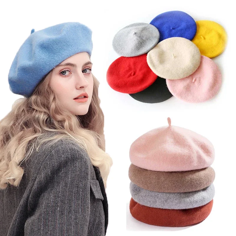 Women Girls Beret French Plain Wool Caps Warm Winter Beanie Hat Vintage Berets Solid Color Elegant Ladies Winter Hats Caps