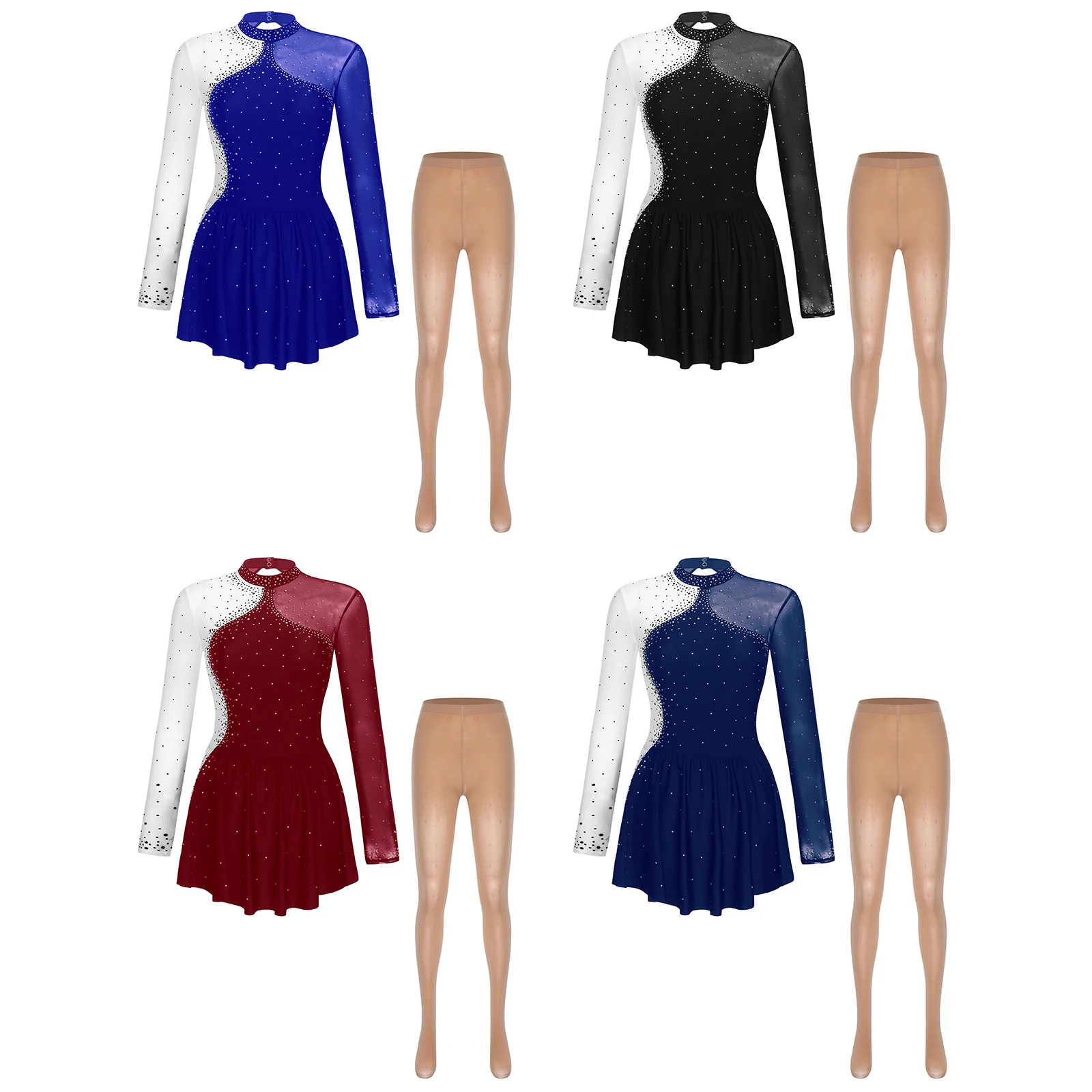 Womens Rhinestone Figure Skating Dance Dress And Boot Cover Tights Set Lyrical Modern Contemporary Dancewear Ballerina Costume