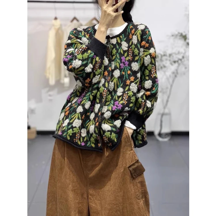 Słodki, gruby sweter z haftem, dzianinowy płaszcz plus size, damski sweter z okrągłym dekoltem, uniwersalny kardigan, modny strój na jesień.