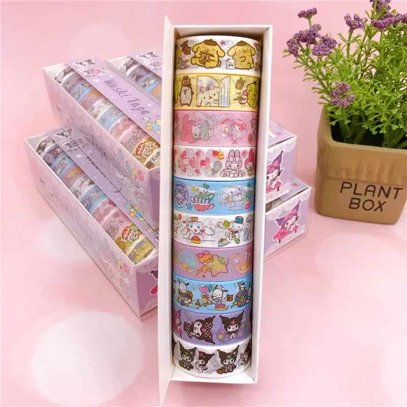 10Roll Sanrio Kawaii Hello Kitty Washi Tape Kuromi Cinnamoroll Anime Cartoon Student DIY Sticker Girl Creative Handbook Material