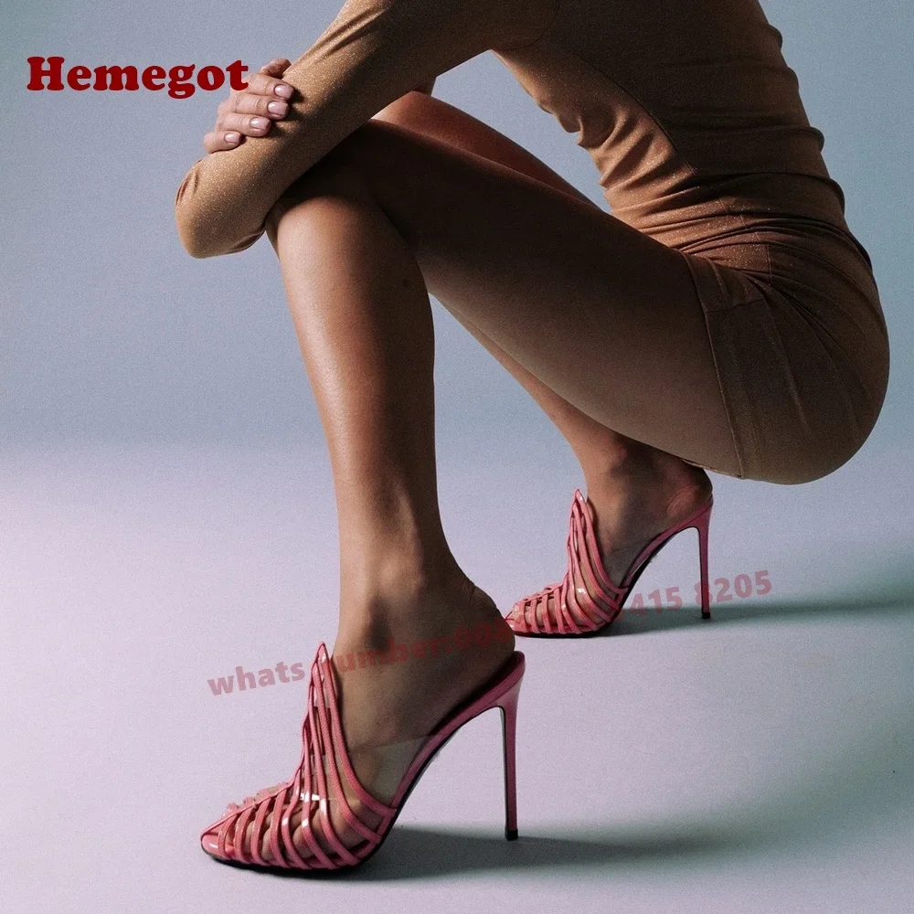 

Cut-Out Pvc Slippers Stiletto Heels Open Toe Thin High Heel Women's Mules Pink Glossy Casual Summer Shoes 2025 New Luxury Sexy