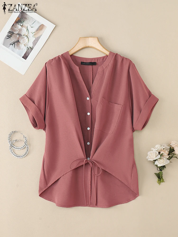 

ZANZEA Women Fashion Shirts 2025 Summer Casual V-Neck Short Sleeve Button Up Chemises Femme Solid Lace-Up Hem Tops Streetwear