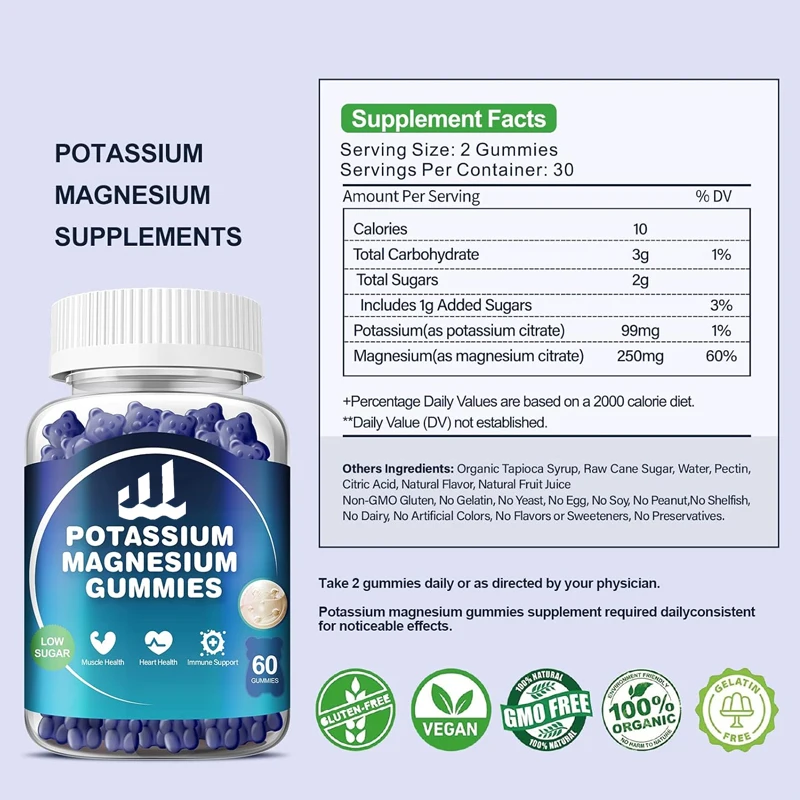 Potassium magnesium supplement gummies with high absorption of potassium citrate and magnesium citrate support leg spasms