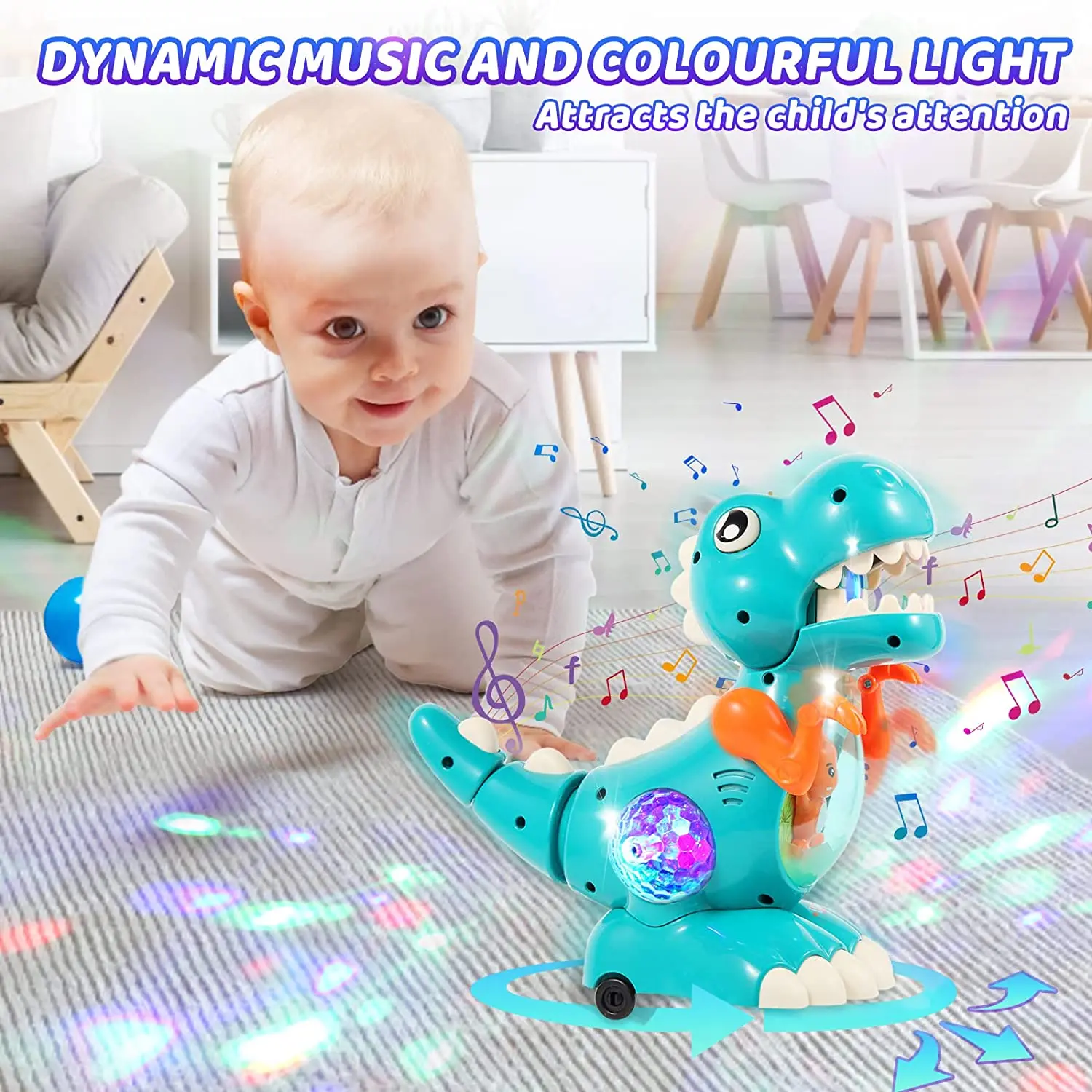 Brinquedos para bebês de dinossauro rastejante para 3 anos, brinquedos para barriga com música e luzes LED coloridas musicais interativos
